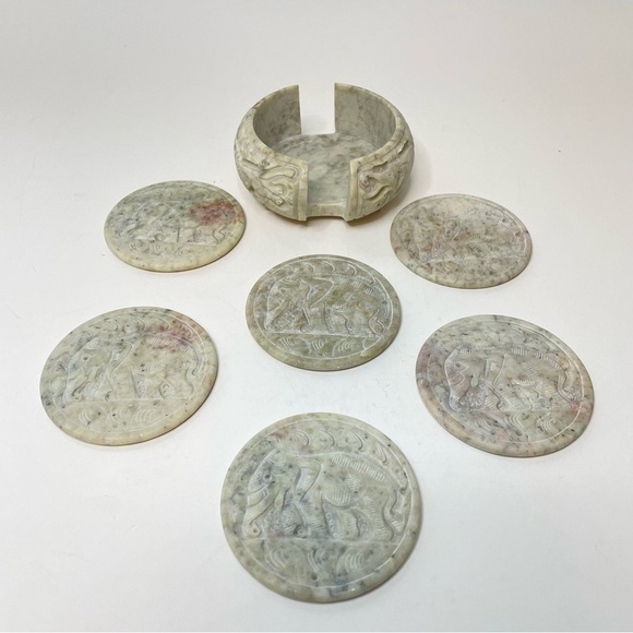 Carved Stone Elephants Coasters Set of 6 With Storage Holder READ - Picture 9 of 16